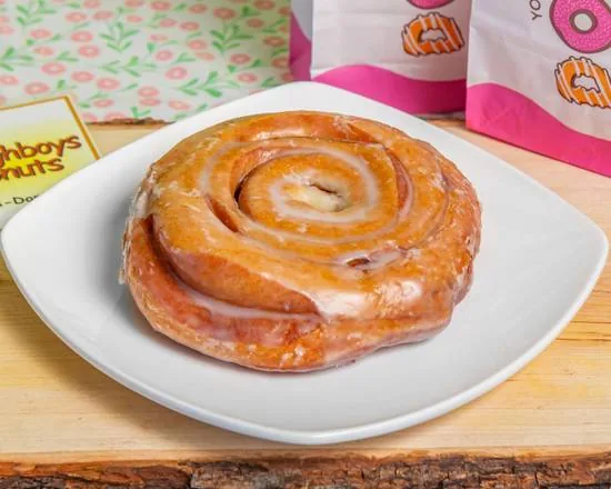 A glazed cinnamon roll from Doughboys Donuts