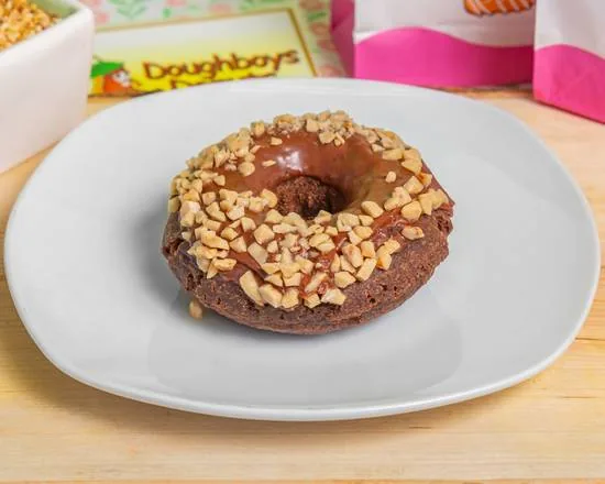 A chocolate iced Devil's Food cake donut with Heath bits